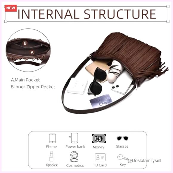 Fringe Suede Hobo Bag with Detachable Straps, Crossbody Shoulder Purse - Picture 5 of 7